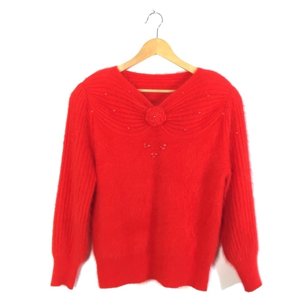 Holly Red Korean Angora Knit V-Neck Sweater S/M